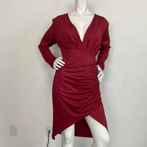 Burgundy Red Long Sleeve Deep V-Neck Ruched Pullover Asymmetrical Dress Size L